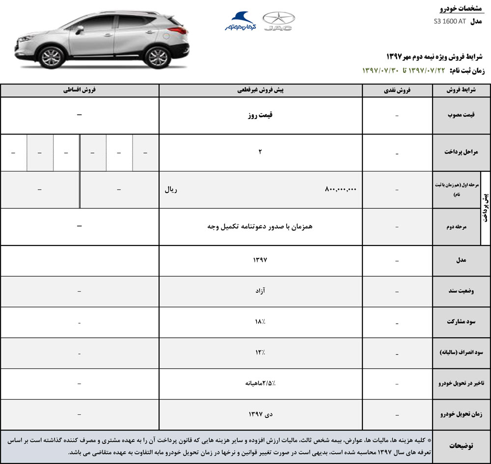 شرایط فروش جک اس 3 مهر 97