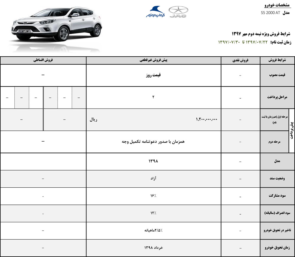 شرایط فروش جک اس 3 مهر 97