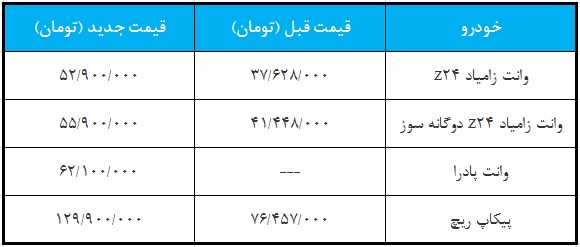 قیمت جدید وانت های سایپا