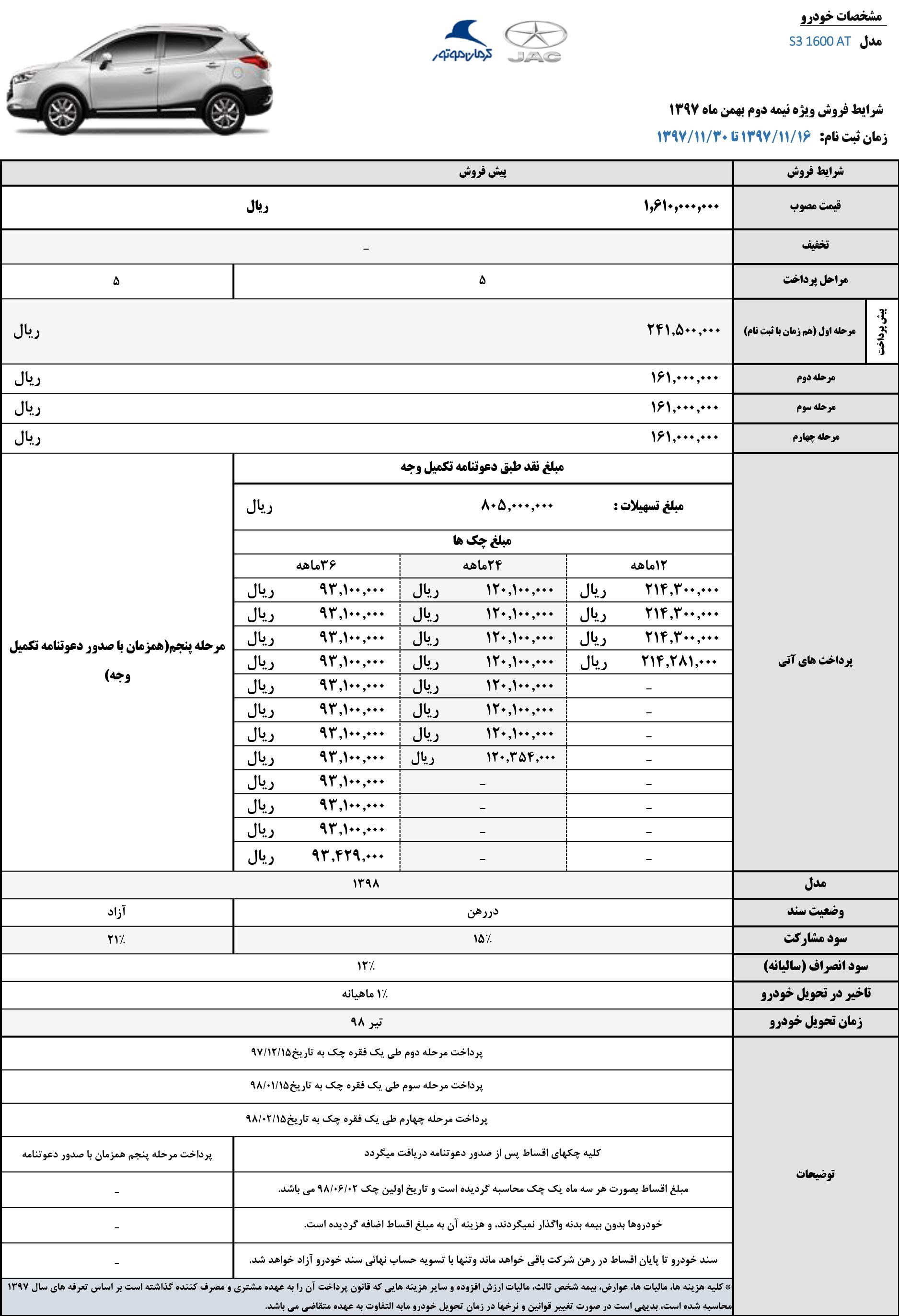 شرایط فروش جک S3 ویژه نمیه دوم بهمن ماه