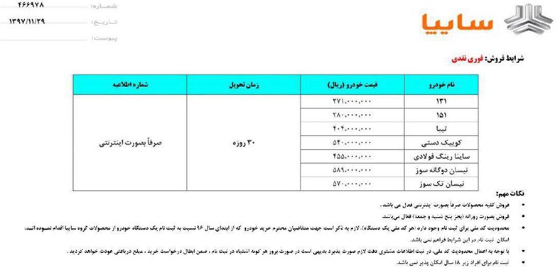 شرایط فروش فوری محصولات سایپا اسنند 97